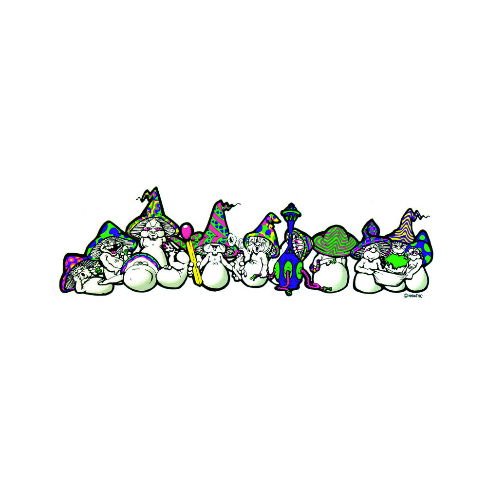THC Mushrooms sticker with long horizontal lineup of psychedelic mushroom characters in colorful designs