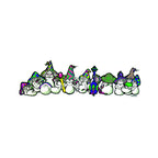 THC Mushrooms sticker with long horizontal lineup of psychedelic mushroom characters in colorful designs