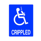 THC Crippled sticker with blue disabled symbol parody and bold white text graphic