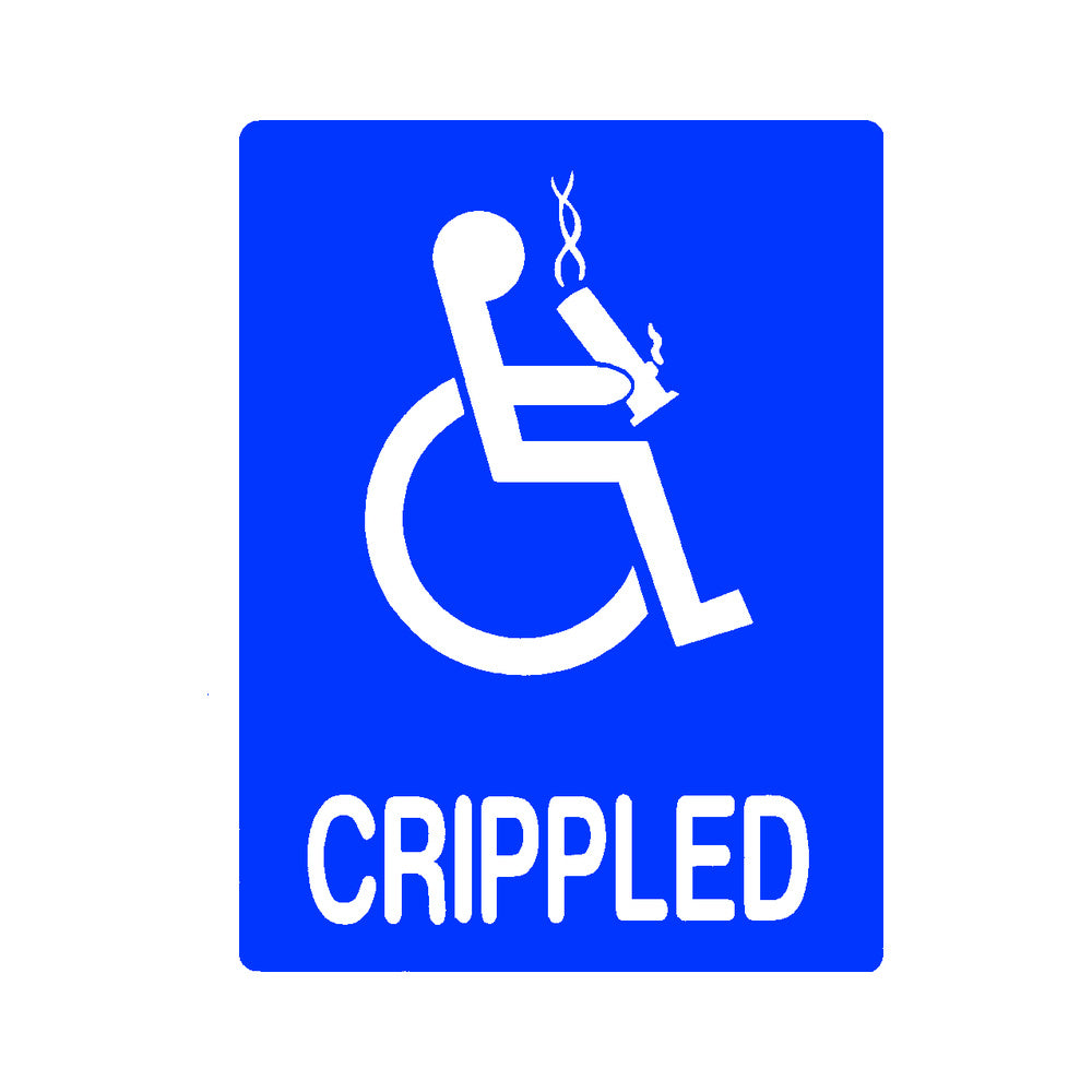 THC Crippled sticker with blue disabled symbol parody and bold white text graphic