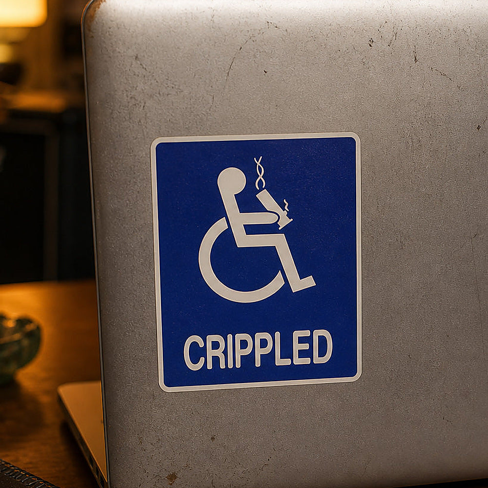 THC Crippled sticker with blue disabled symbol parody and bold white text graphic