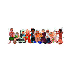 THC World Crew sticker with diverse cartoon characters in long horizontal lineup smoking and interacting