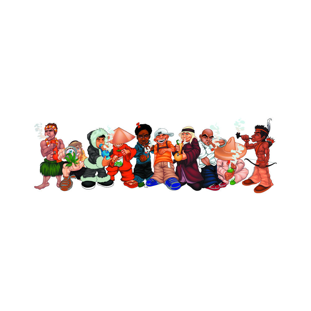 THC World Crew sticker with diverse cartoon characters in long horizontal lineup smoking and interacting