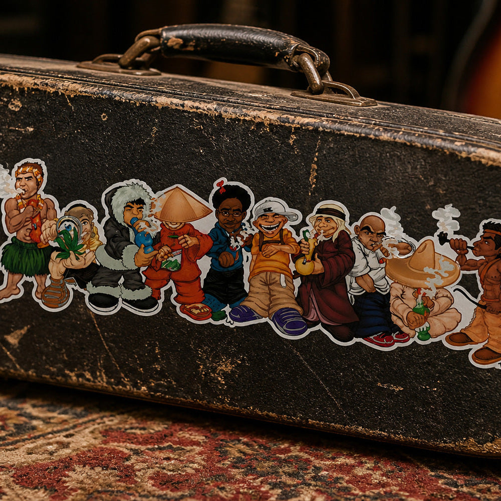 THC World Crew sticker on worn black guitar case with scratches metal latches and studio setting