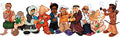 THC World Crew sticker with diverse cartoon characters in long horizontal lineup smoking and interacting