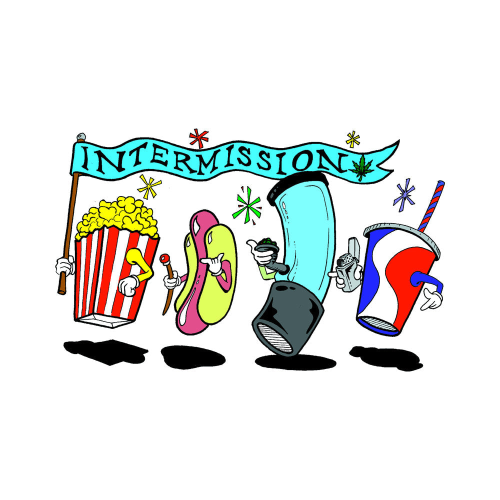 THC Intermission sticker with cartoon popcorn hot dog soda and joint characters under banner
