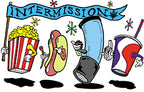THC Intermission sticker with cartoon popcorn hot dog soda and joint characters under banner