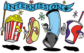 THC Intermission sticker with cartoon popcorn hot dog soda and joint characters under banner