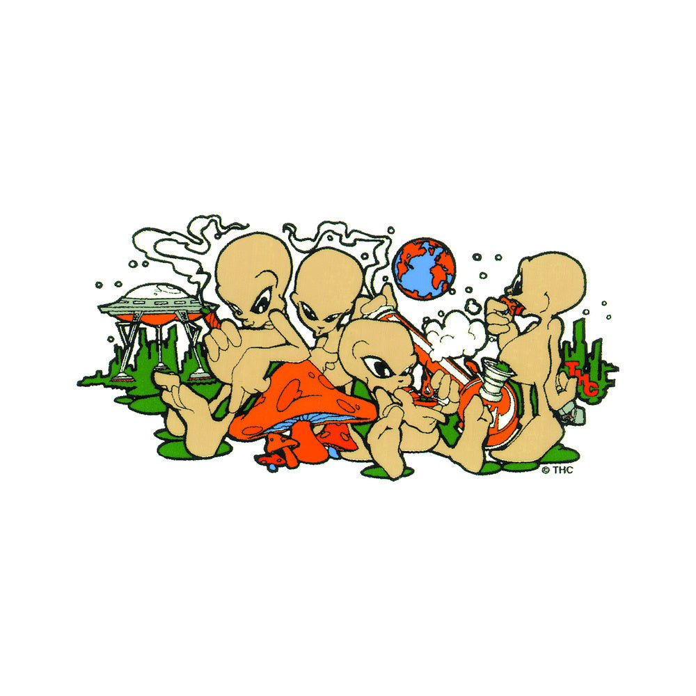 THC Alien Posse sticker with cartoon aliens in desert scene with smoke and psychedelic details