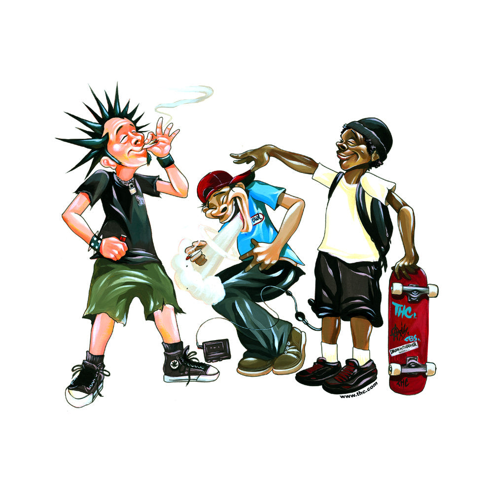 THC After School sticker with cartoon teens skateboarding and smoking in street scene