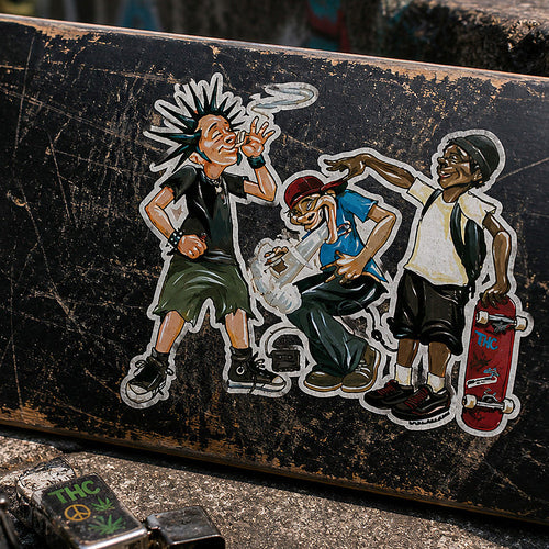 THC After School sticker placed on scratched skateboard deck with worn grip tape and street pavement background
