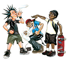 THC After School sticker with cartoon teens skateboarding and smoking in street scene