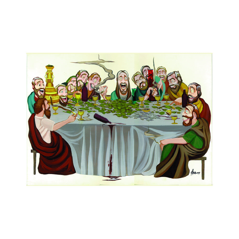 THC Last Session sticker with parody dinner scene and cannabis themed artwork