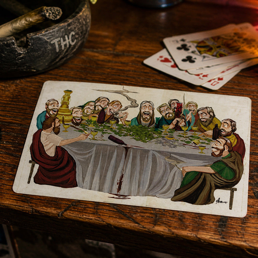 THC Last Session sticker placed on worn wooden bar table with scattered cards and ambient lighting