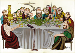 THC Last Session sticker with parody dinner scene and cannabis themed artwork