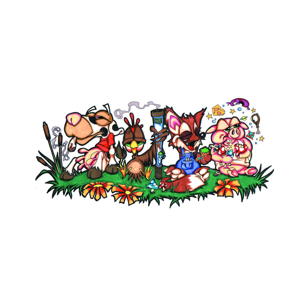 THC Farm sticker with cartoon farm animals mushroom details and psychedelic artwork