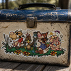 THC Farm sticker placed on scratched vintage metal lunchbox at outdoor picnic table