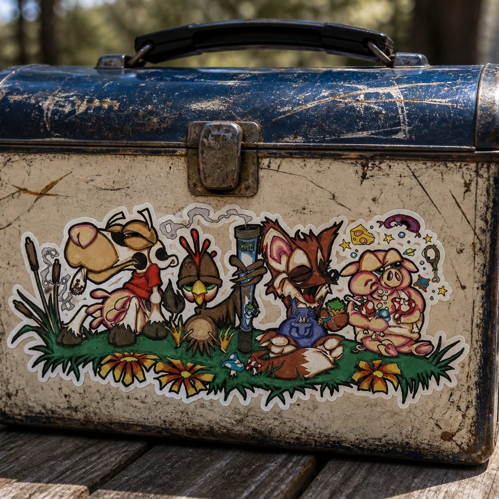 THC Farm sticker placed on scratched vintage metal lunchbox at outdoor picnic table