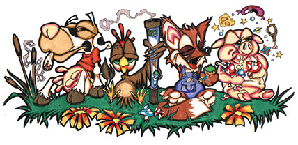 THC Farm sticker with cartoon farm animals mushroom details and psychedelic artwork