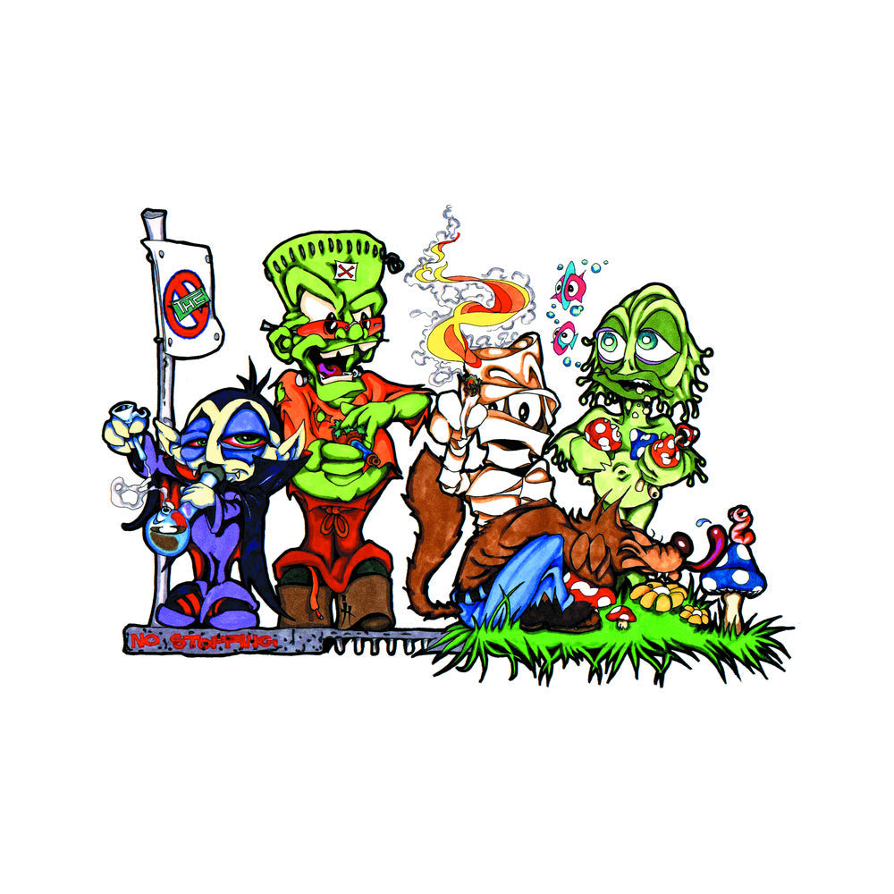 THC Monsters sticker with psychedelic monster characters smoke details and mushroom artwork