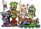 THC Monsters sticker with psychedelic monster characters smoke details and mushroom artwork