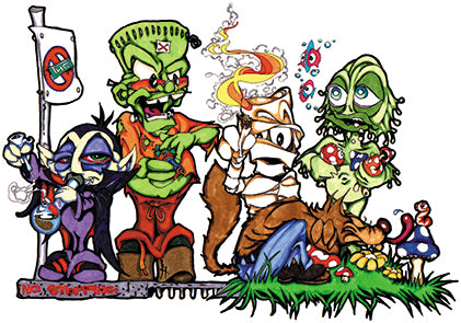 THC Monsters sticker with psychedelic monster characters smoke details and mushroom artwork