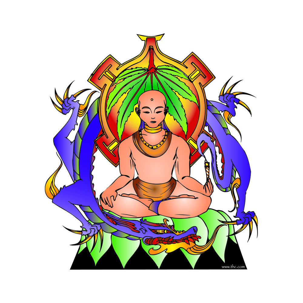 THC Nirvana sticker with meditating figure cannabis leaf background and purple dragon artwork