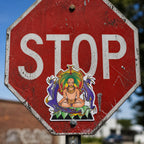THC Nirvana sticker placed on weathered stop sign in urban outdoor setting with scratched metal texture