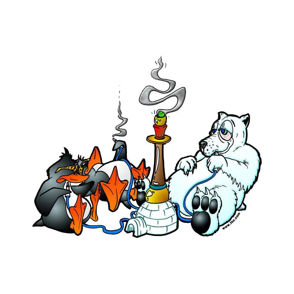 THC North Pole sticker with cartoon polar bear penguin bong and smoke details