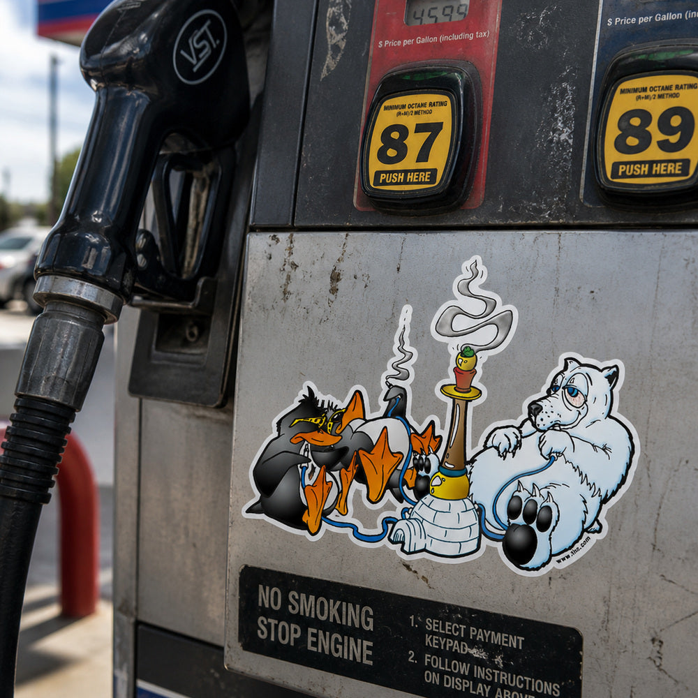 THC North Pole sticker on scratched gas station pump with fuel nozzle and weathered metal texture outdoors