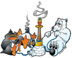 THC North Pole sticker with cartoon polar bear penguin bong and smoke details