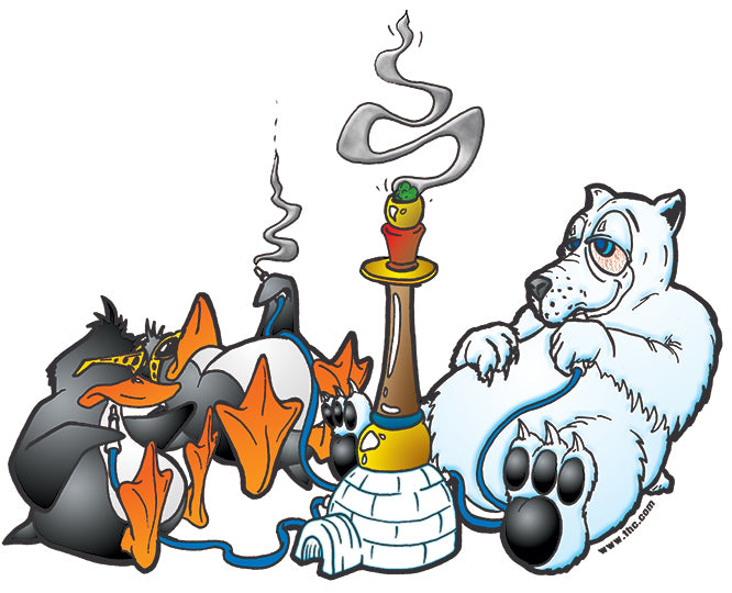 THC North Pole sticker with cartoon polar bear penguin bong and smoke details