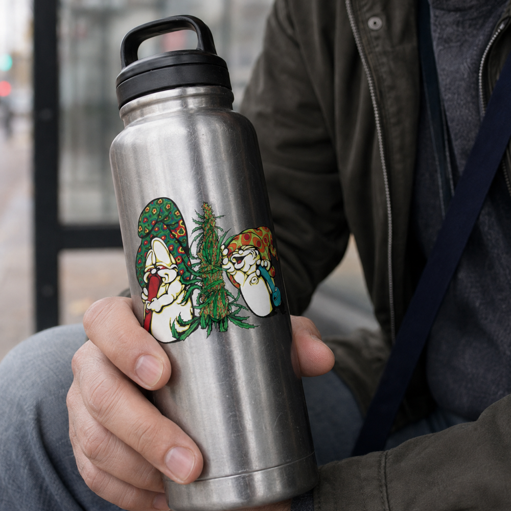 Close-up of the THC Two Shrooms Sticker displayed alone on a scuffed stainless-steel water bottle held at a city bus stop
