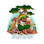 THC Rastaland Sticker with Rasta-inspired character, dogs and tropical tree artwork