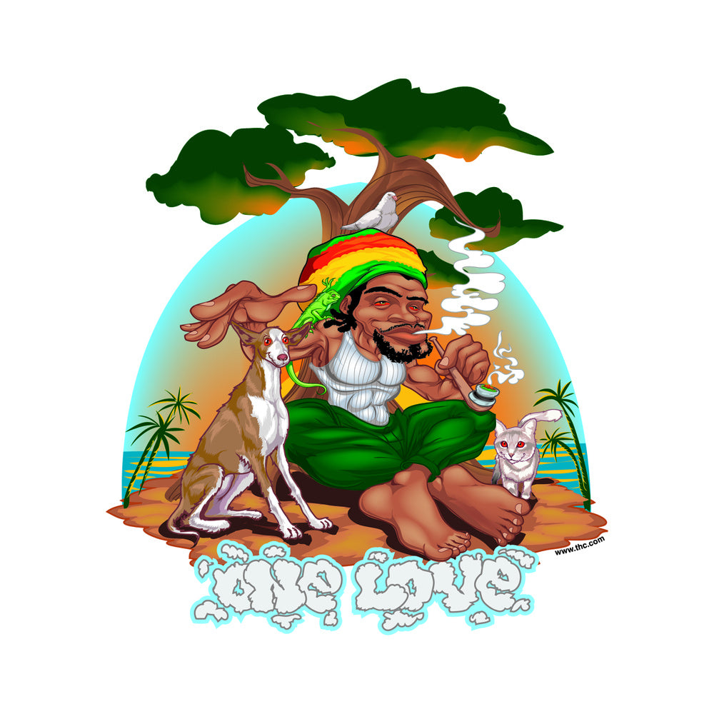 THC Rastaland Sticker with Rasta-inspired character, dogs and tropical tree artwork