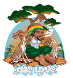 THC Rastaland Sticker with Rasta-inspired character, dogs and tropical tree artwork