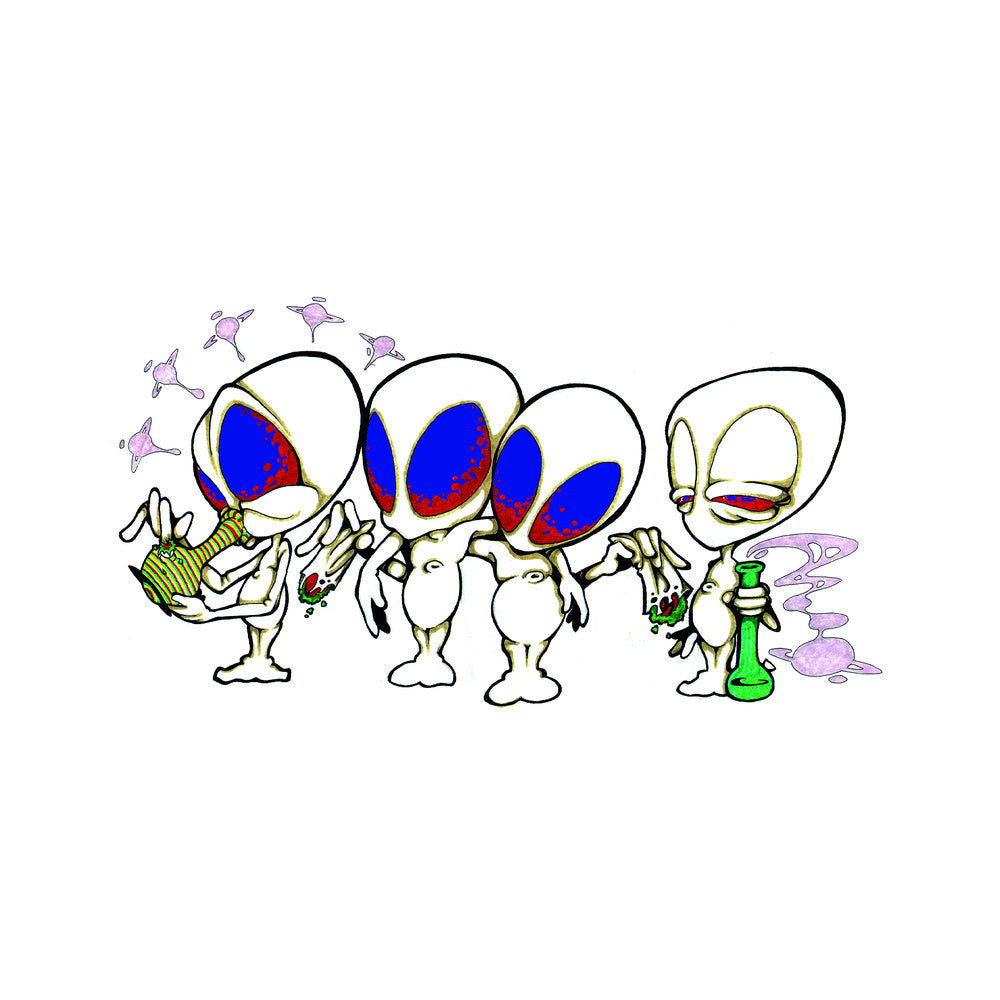 THC Alien Quartet sticker with four psychedelic alien characters smoking and holding bong