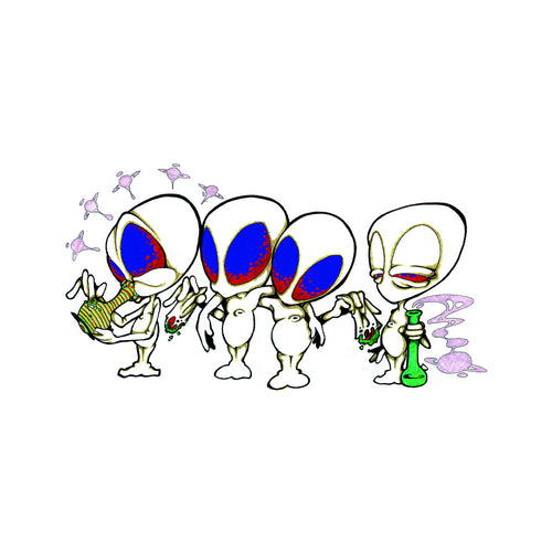THC Alien Quartet sticker with four psychedelic alien characters smoking and holding bong
