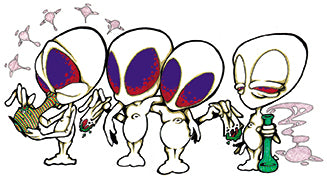 THC Alien Quartet sticker with four psychedelic alien characters smoking and holding bong