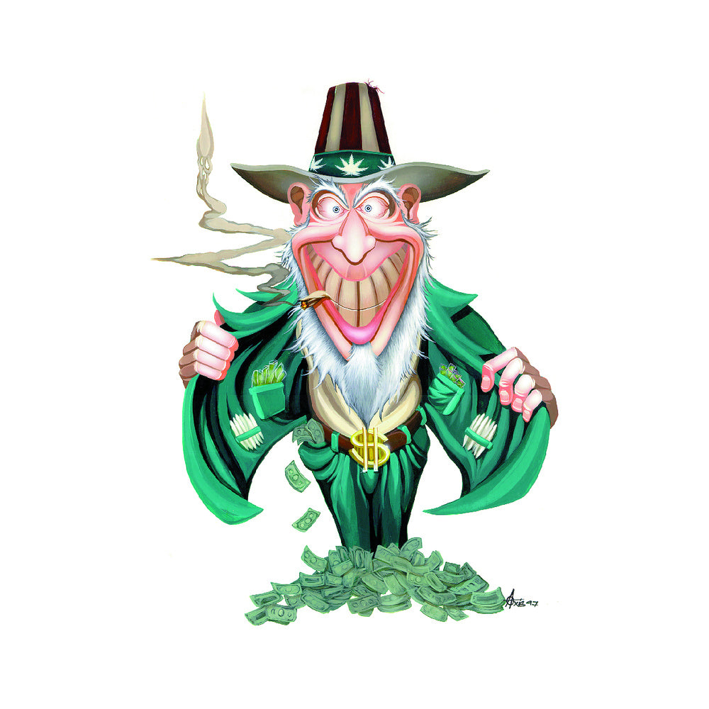 THC Uncle Sam sticker with grinning patriotic character holding cash and smoking