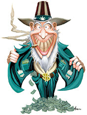 THC Uncle Sam sticker with grinning patriotic character holding cash and smoking