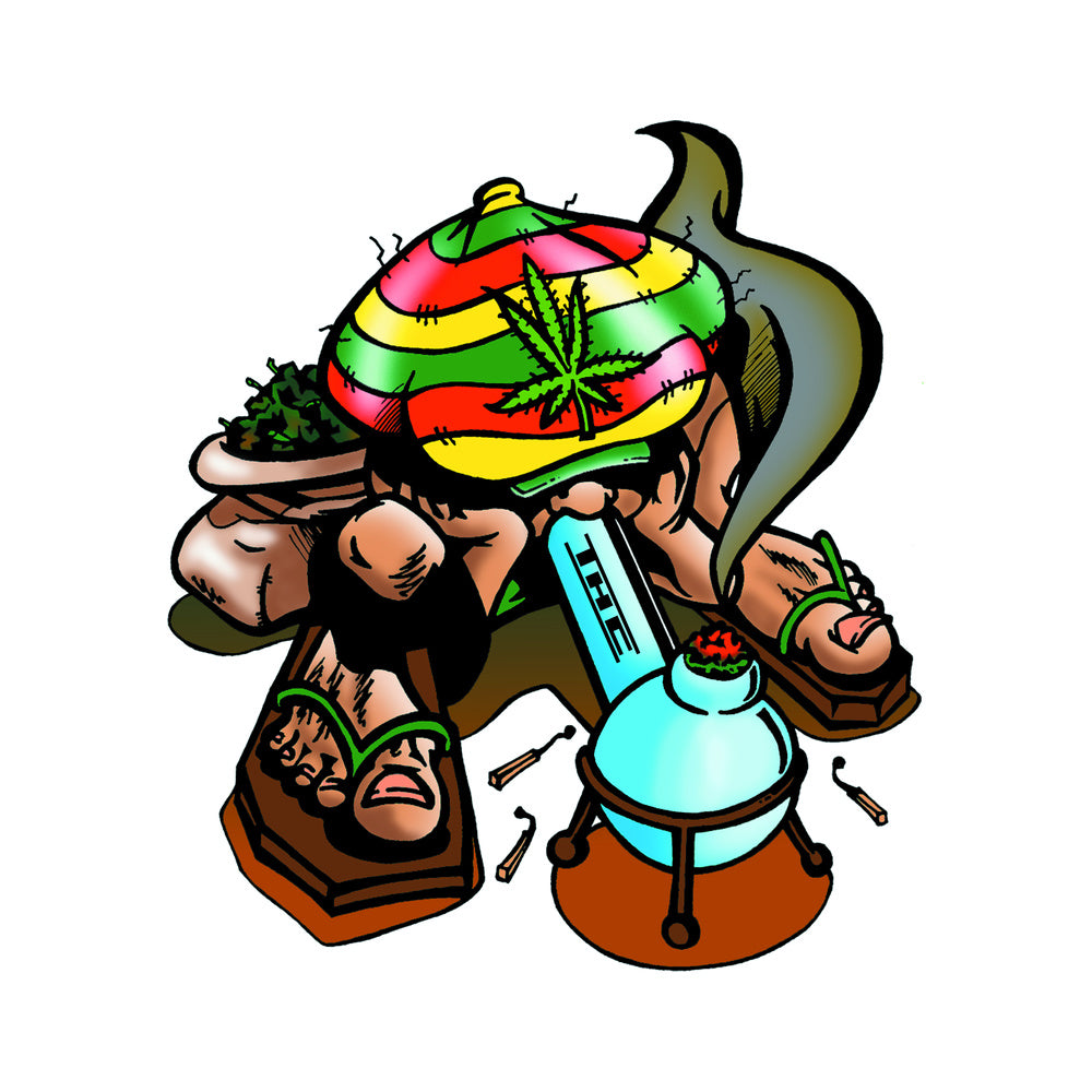 THC Rasta Joe sticker with rasta hat cannabis leaf bong and laid back character illustration