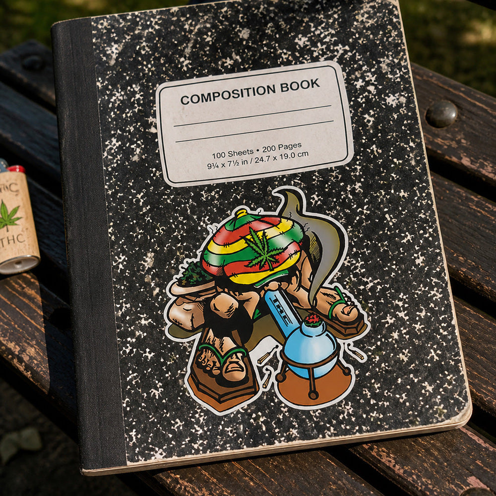 THC Rasta Joe sticker on black composition notebook on worn wooden park bench in outdoor setting
