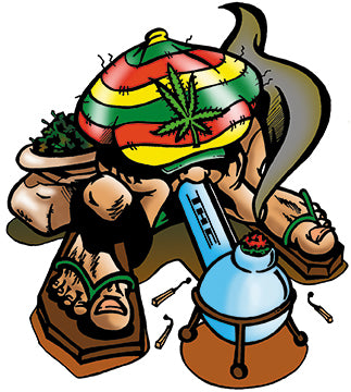 THC Rasta Joe sticker with rasta hat cannabis leaf bong and laid back character illustration