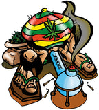 THC Rasta Joe sticker with rasta hat cannabis leaf bong and laid back character illustration