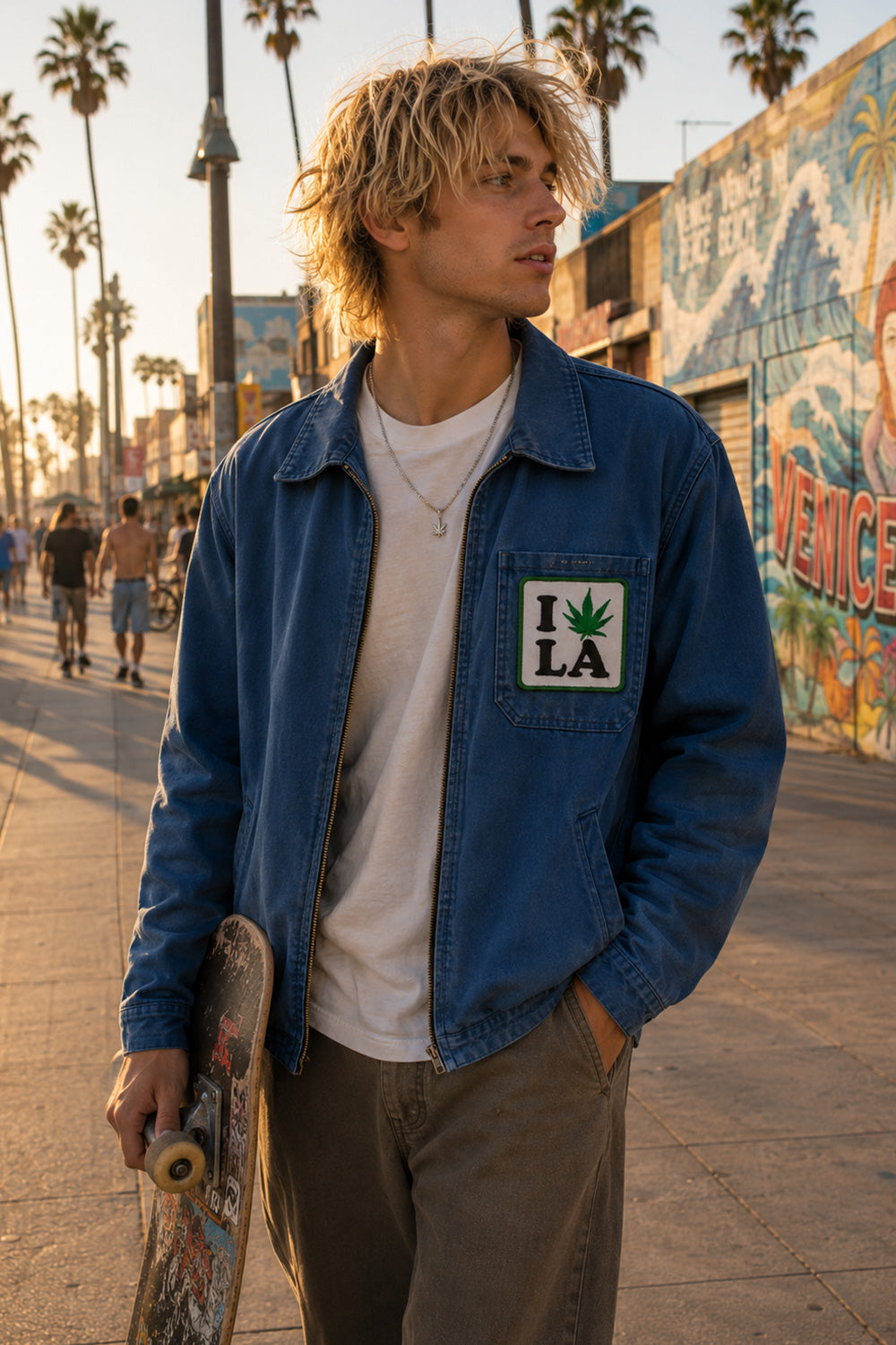 THC Leaf LA Patch displayed on the chest pocket of a blue canvas jacket worn by a young skateboarder on the Venice Beach boardwalk, featuring an embroidered cannabis leaf in a classic Los Angeles-inspired design