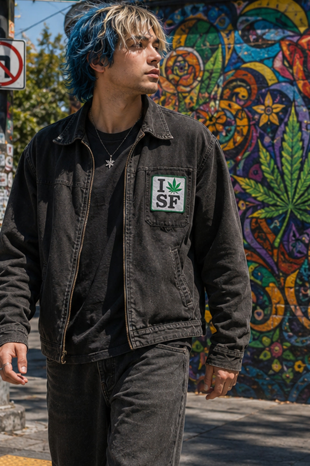 THC Leaf SF Patch displayed on the chest pocket of a black canvas jacket worn in San Francisco’s Haight-Ashbury neighborhood, featuring an embroidered cannabis leaf in a classic San Francisco-inspired design