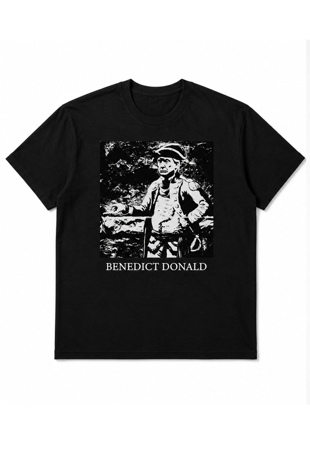 Black t-shirt with a graphic of a person in uniform and 'Benedict Donald' text on a white background