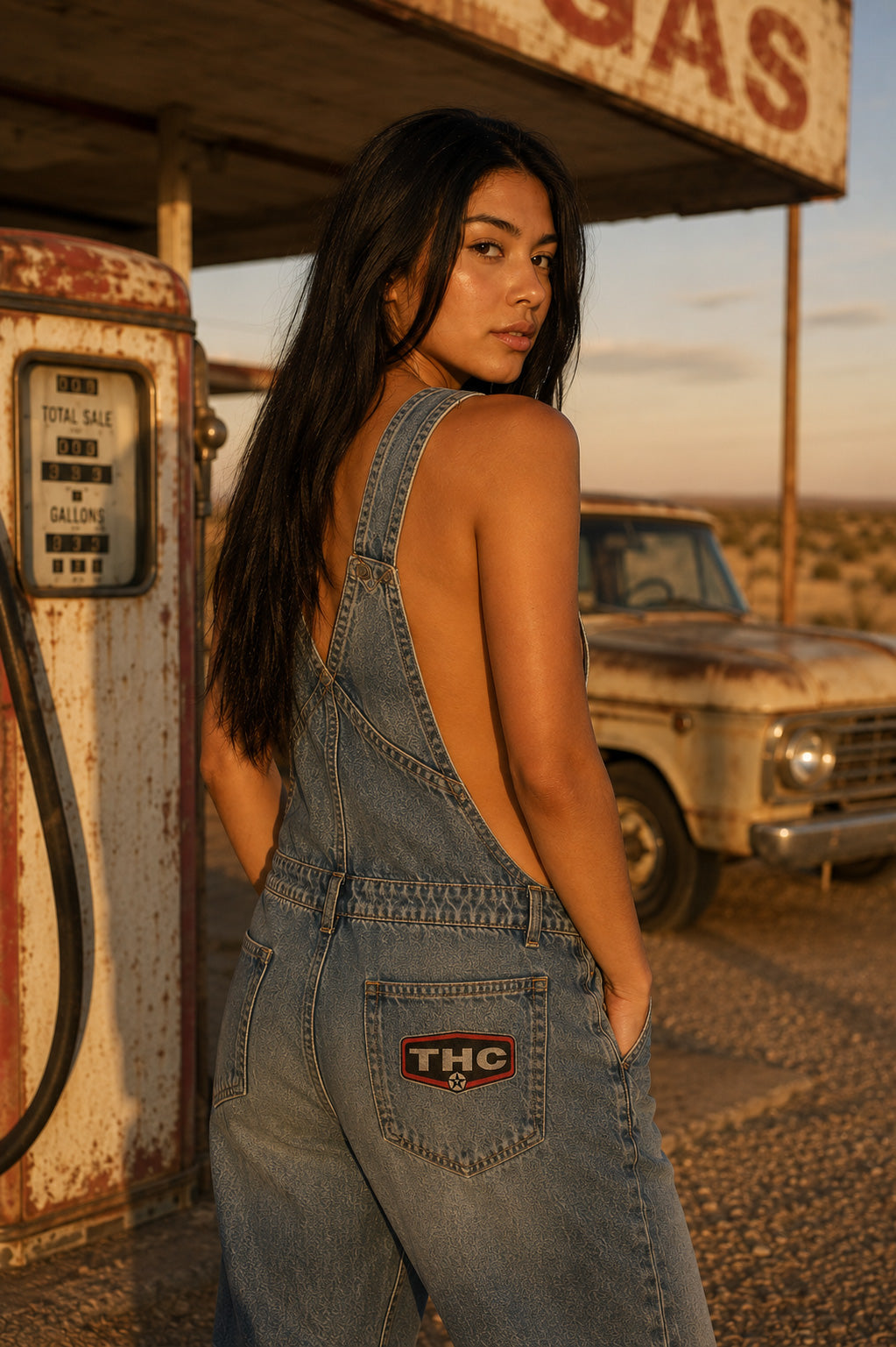 THC Lone Star Patch displayed on the left back pocket of faded blue denim overalls worn by a young woman at a vintage Texas roadside gas station featuring a black, white, and red embroidered Lone Star badge design