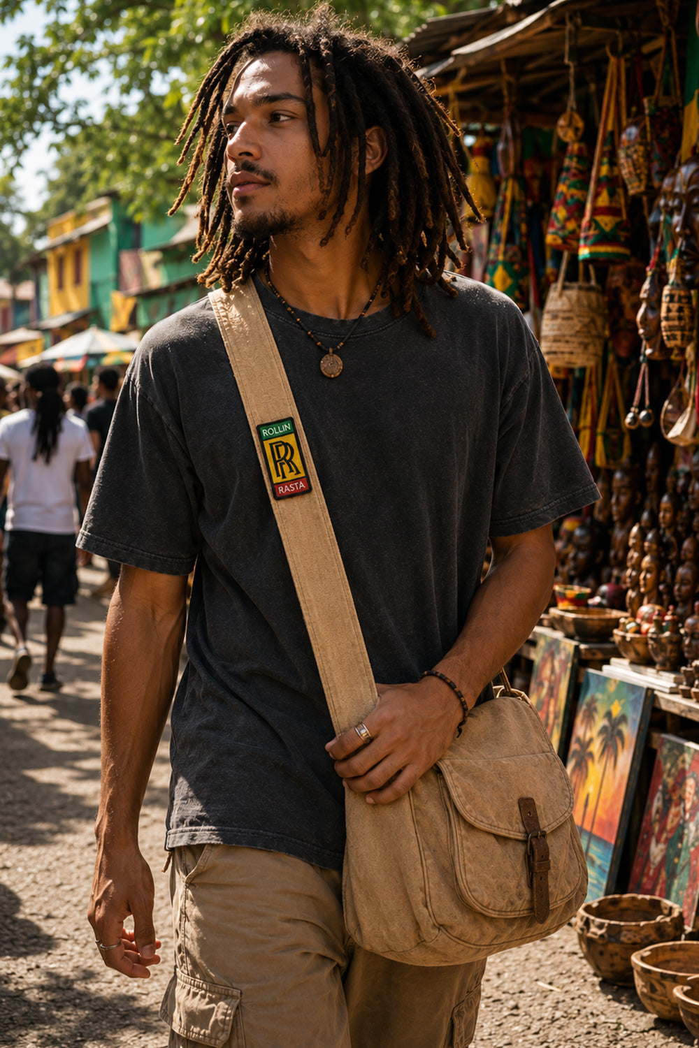 THC Rollin Rasta Patch displayed vertically on the strap of a natural tan canvas crossbody satchel worn by a young musician at an outdoor street market, featuring a reggae-inspired embroidered design